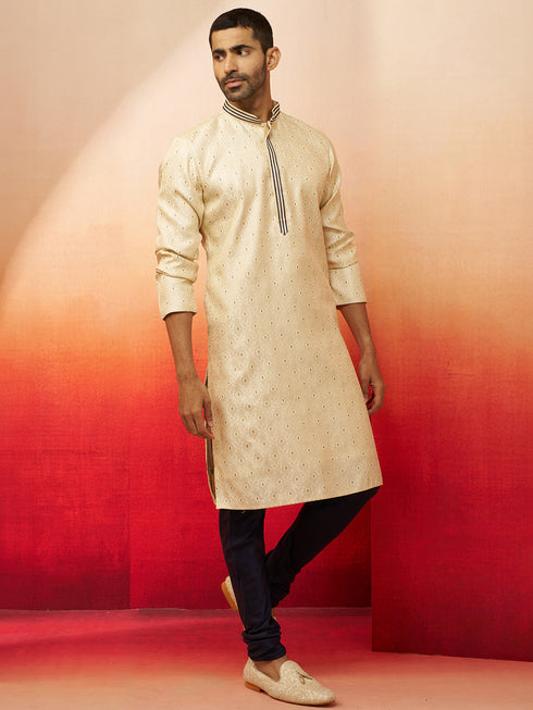 Men's Cream Embroidered Kurta with Navy Blue Churidar